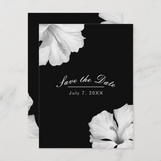 Witte Hibiscus Zwarte Tropische Chic Bewaar de Dat Aankondigingskaart (Voorkant / Achterkant)