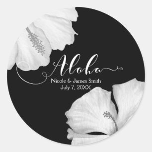 Witte Hibiscus Zwarte Tropische Trouwgunst Aloha Ronde Sticker