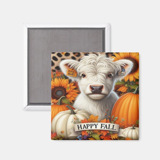 Witte Highland Kalf Tussen Pompoenen En Zonnebloem Magneet (Voorkant / Achterkant)