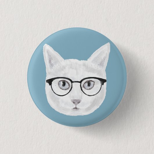 Witte hipster kat met bril ronde button 3,2 cm (Voorkant)
