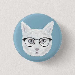 Witte hipster kat met bril ronde button 3,2 cm