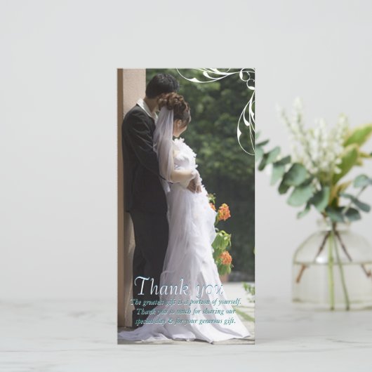 Witte hoekwervel trouwkaarten bedankkaart fotokaar (Staand voorkant)