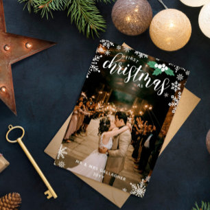 Witte Holly Sneeuwvlokken 1e Kerstmis Bruiloft Fot Feestdagenkaart