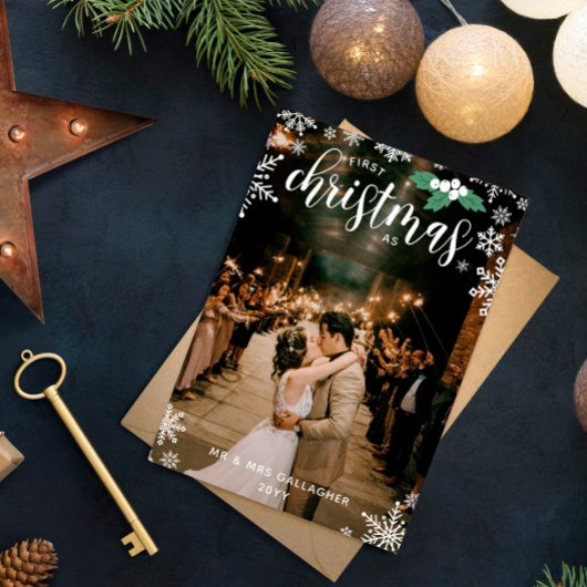 Witte Holly Sneeuwvlokken 1e Kerstmis Bruiloft Fot Feestdagenkaart