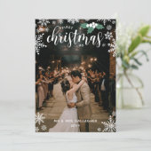 Witte Holly Sneeuwvlokken 1e Kerstmis Bruiloft Fot Feestdagenkaart (Staand voorkant)