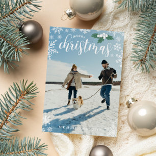 Witte Holly Sneeuwvlokken Vrolijke Kerstmis Foto Feestdagenkaart