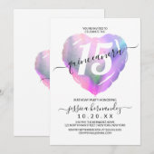 Witte holografische Folie Hartballon Quinceañera Kaart (Voorkant / Achterkant)