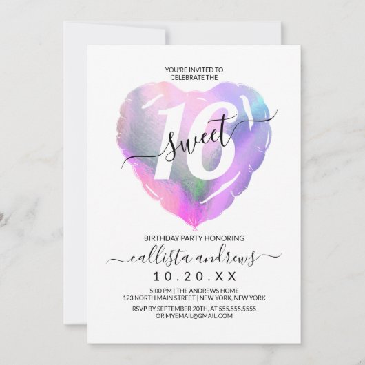 Witte Holografische Folie Hartballon Sweet 16 Kaart (Voorkant)