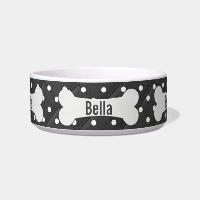 Witte hond bot op pooldots voerbakje (Voorkant)