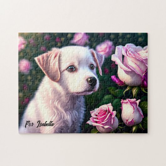 Witte hond en Roos Collectie Jigzaag Puzzle Legpuzzel (Horizontaal)