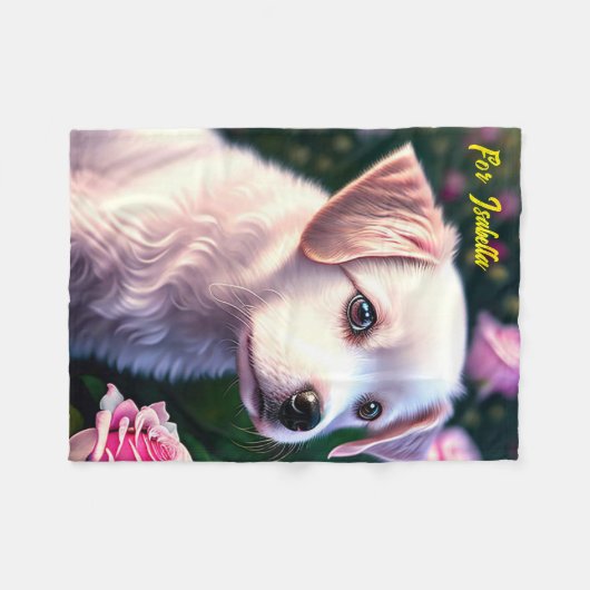 Witte hond en Roos Collectie ventilator Fleece Deken (Voorkant (Horizontaal))