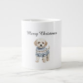 Witte hond in blauwe trui Kerstmis Grote Koffiekop (Voorkant)