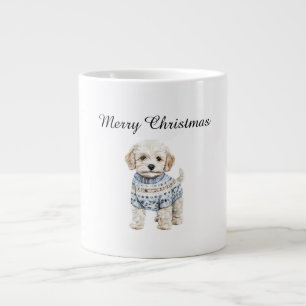 Witte hond in blauwe trui Kerstmis Grote Koffiekop
