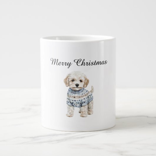 Witte hond in blauwe trui Kerstmis Grote Koffiekop (Voorkant)