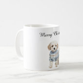 Witte hond in blauwe trui Kerstmis Koffiemok (Voorkant links)