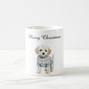 Witte hond in blauwe trui Kerstmis Koffiemok