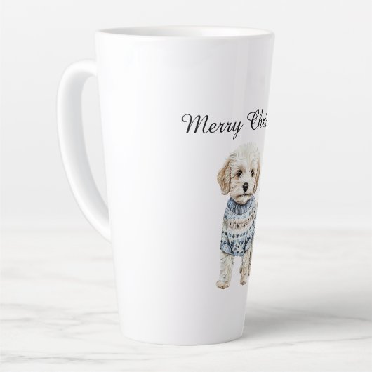 Witte hond in blauwe trui Kerstmis Latte Mok (Linkerhoek)