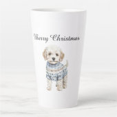 Witte hond in blauwe trui Kerstmis Latte Mok (Voorkant)