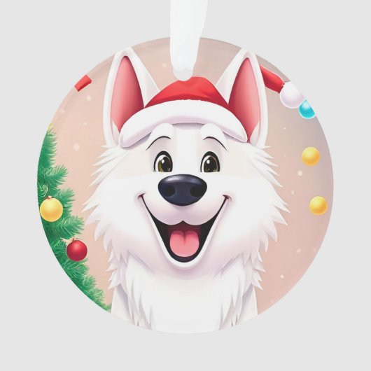Witte hond in kerstmuts ornament (voorkant)