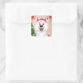 Witte hond in kerstmuts vierkante sticker (Tas)