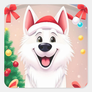Witte hond in kerstmuts vierkante sticker