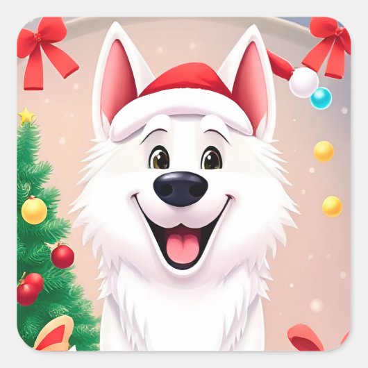 Witte hond in kerstmuts vierkante sticker (Voorkant)