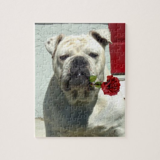 Witte hond met roos legpuzzel (Verticaal)
