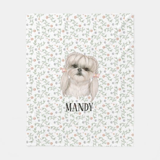 Witte hond met  roze Floral Cute Design Fleece Deken (Voorkant)