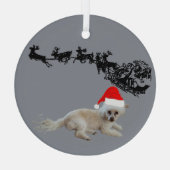 Witte Hond met Santa Hat | Slee en rendieren Glas Ornament (Achterkant)