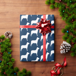 Witte hond op marineblauw cadeaupapier
