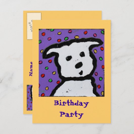 Witte hond op stippen briefkaart verjaardagsuitnod (Voorkant / Achterkant)