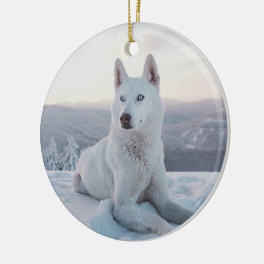 Witte hondje in de sneeuw keramisch ornament (Links)