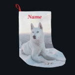 Witte hondje in de sneeuw kleine kerstsok<br><div class="desc">Witte hondje in de sneeuw stoppen</div>