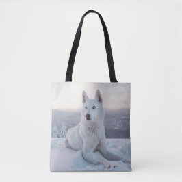 Witte hondje in de sneeuw tote bag
