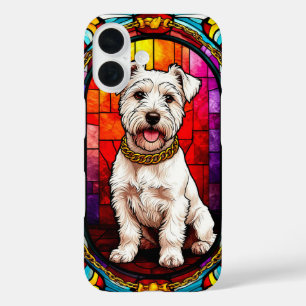 Witte hondportret in glas-in-lood kunstwerk iPhone 16 hoesje