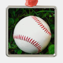 Witte honkbal met rood getikt metalen ornament