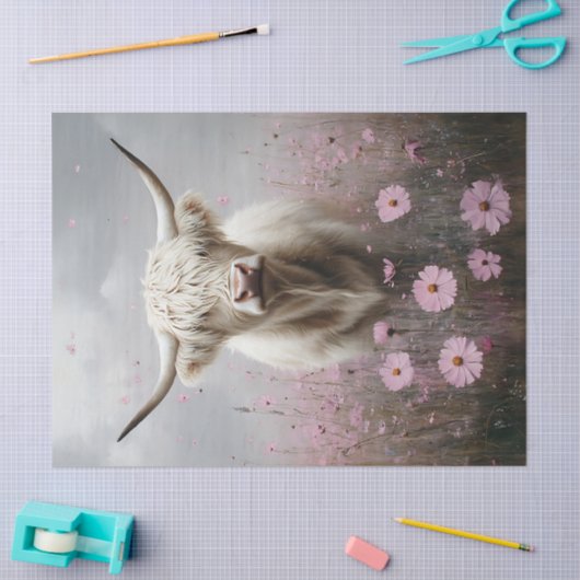 Witte Hoogland Koe Roze Wildflowers Decoupage Tissuepapier (Craft)