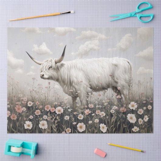 Witte Hoogland Koe Roze Wildflowers Schilderij Tissuepapier (Craft)