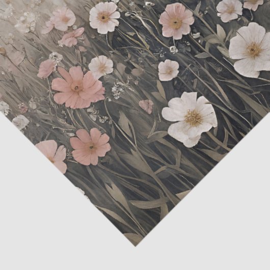 Witte Hoogland Koe Roze Wildflowers Schilderij Tissuepapier (Detail)