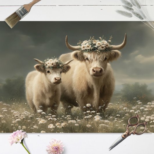 Witte hooglandkoe en kalf decoupage tissuepapier