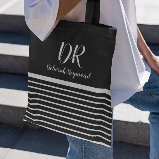 Witte Horizontale Strepen monogram elegant zwart Tote Bag
