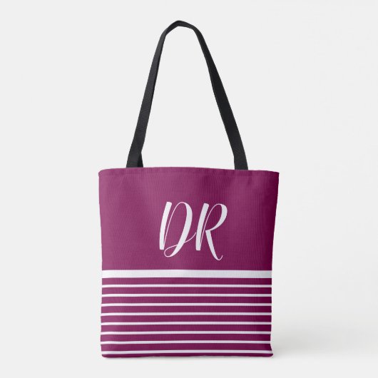 Witte horizontale strepen wijn met monogram tote bag (Achterkant)
