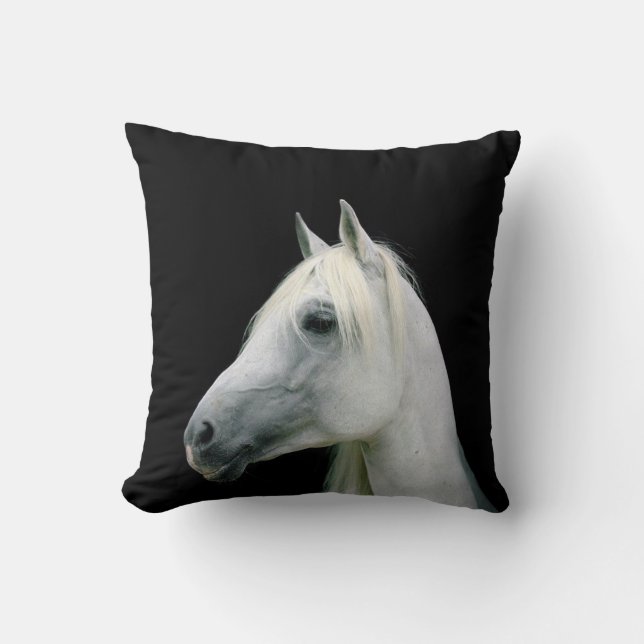 WITTE HORSE HOOFD OP ZWARTE PILLOW CUSHION KUSSEN (Voorkant)