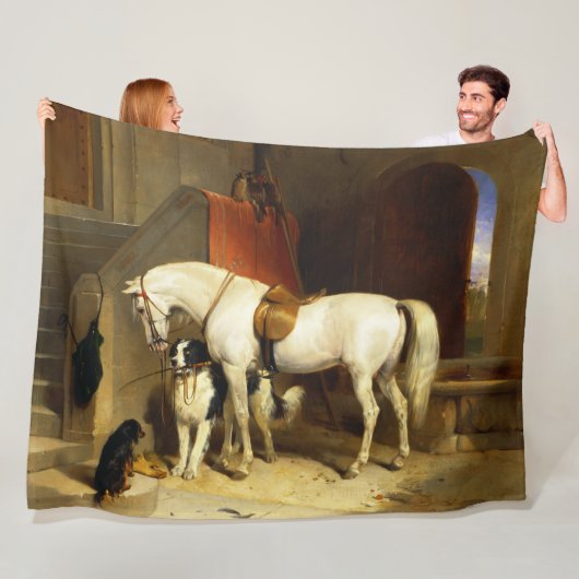 WITTE HORSE MET HONDEN EN DALCONS IN STABIEL FLEECE DEKEN (In situ)