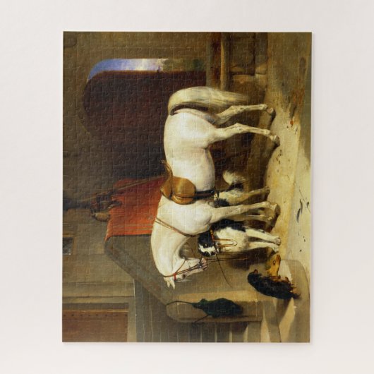 WITTE HORSE MET HONDEN EN DALCONS IN STABIEL LEGPUZZEL (Verticaal)