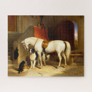 WITTE HORSE MET HONDEN EN DALCONS IN STABIEL LEGPUZZEL