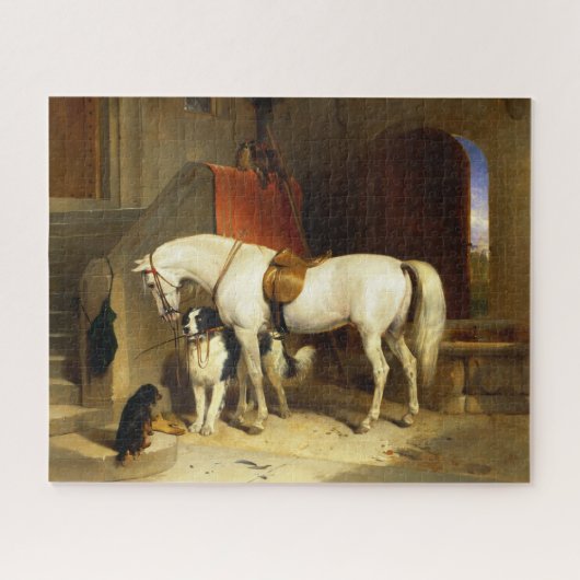 WITTE HORSE MET HONDEN EN DALCONS IN STABIEL LEGPUZZEL (Horizontaal)