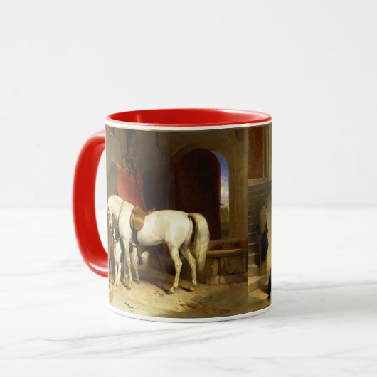 WITTE HORSE MET HONDEN EN DALCONS IN STABIEL MOK (Voorkant links)