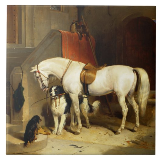 WITTE HORSE MET HONDEN EN DALCONS IN STABIEL TEGELTJE (Voorkant)