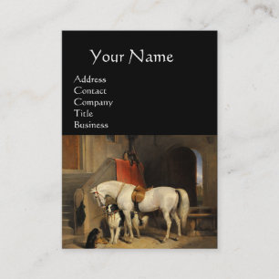 WITTE HORSE MET HONDEN EN DALCONS IN STABLE Green Visitekaartje